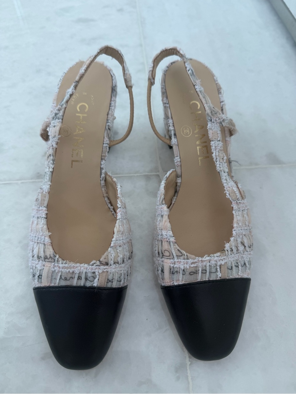 CHANEL Pink Tweed Slingback Heels WITH BOX